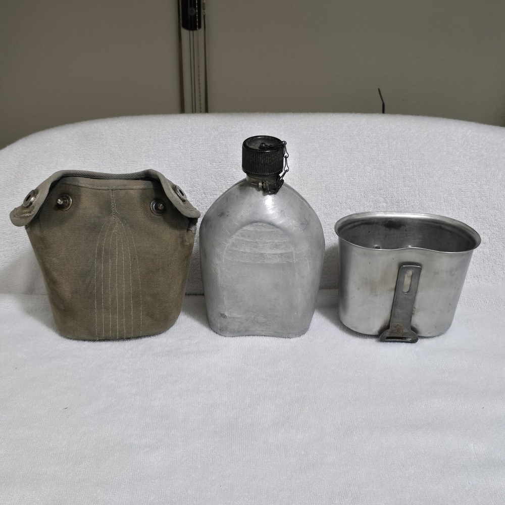 US Military Canteen Lot WWI 1918 AGM Co Aluminum Bottle WWII 1945 BE Cup Cover